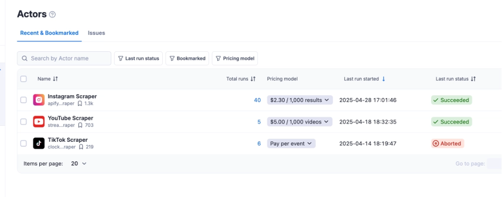 Панель інструментів Apify Actors